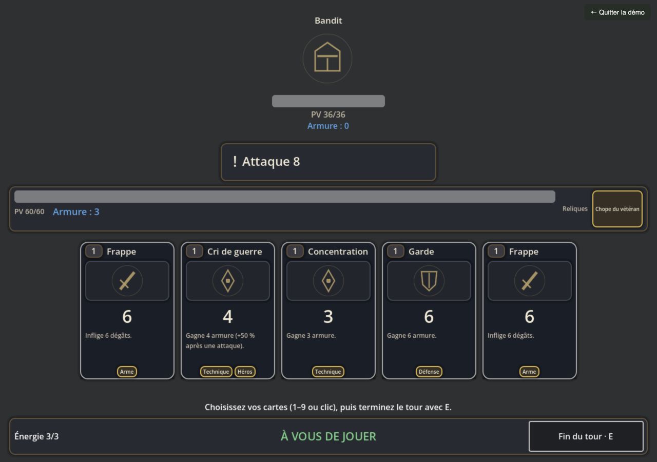 HAND LORD prototype screenshot: a battle against a bandit, five cards in hand, energy and an end-turn button.