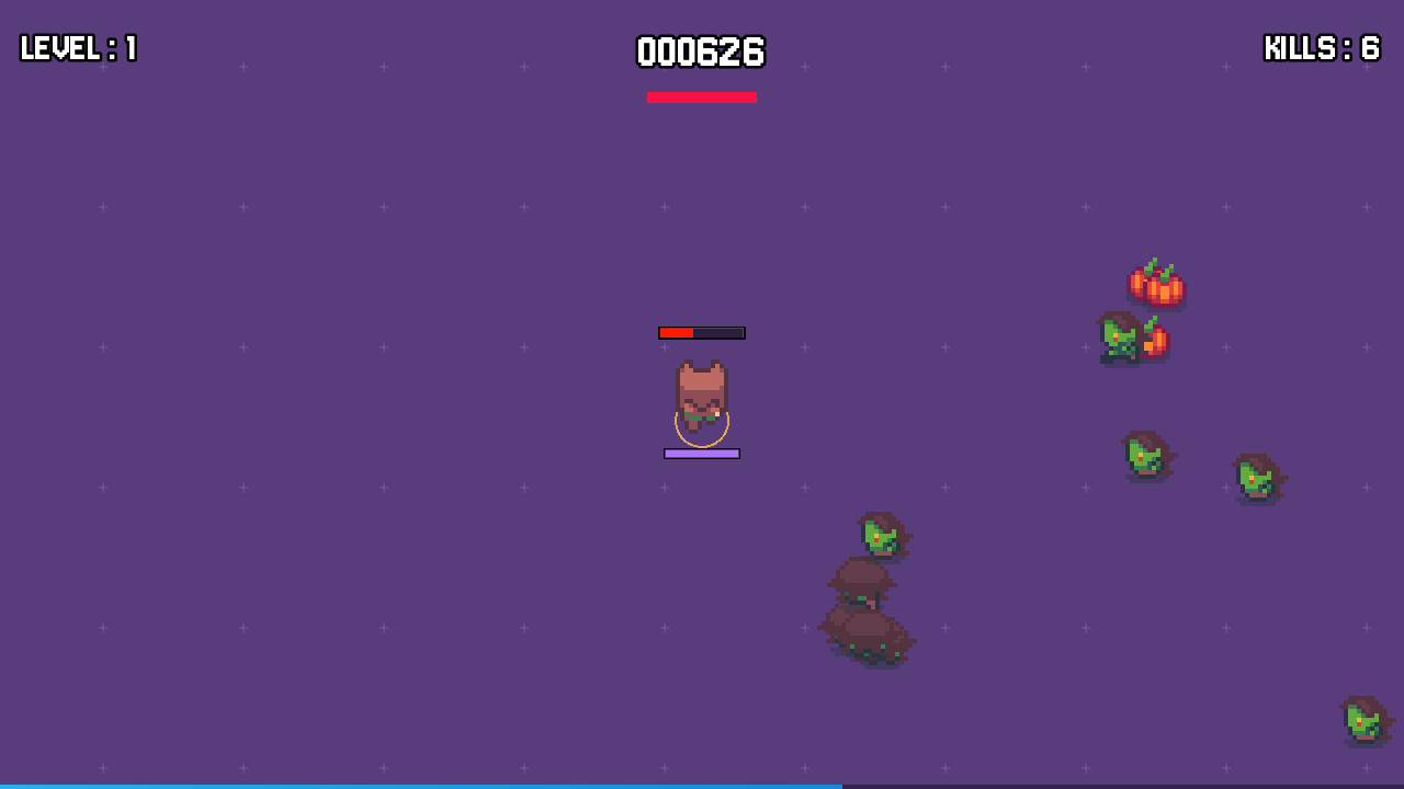 RETRO HORDE prototype screenshot: a pixel-art character and enemies on purple terrain, with level, score and kills on screen.