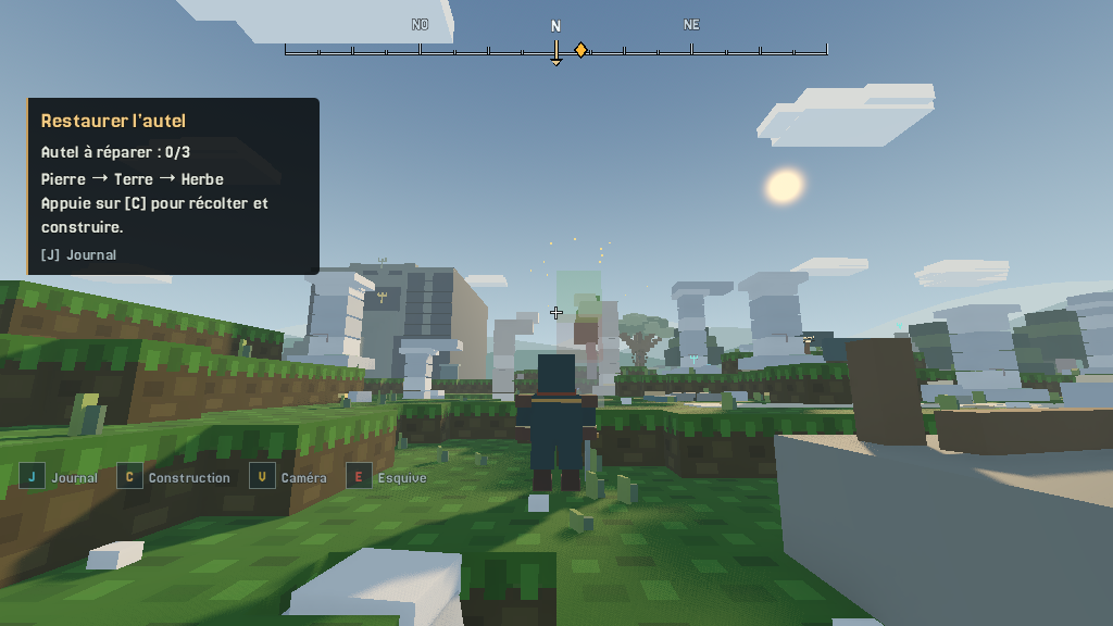 STONEVALE prototype screenshot: a character in a valley of grassy blocks, stone ruins and an objective to restore the altar.
